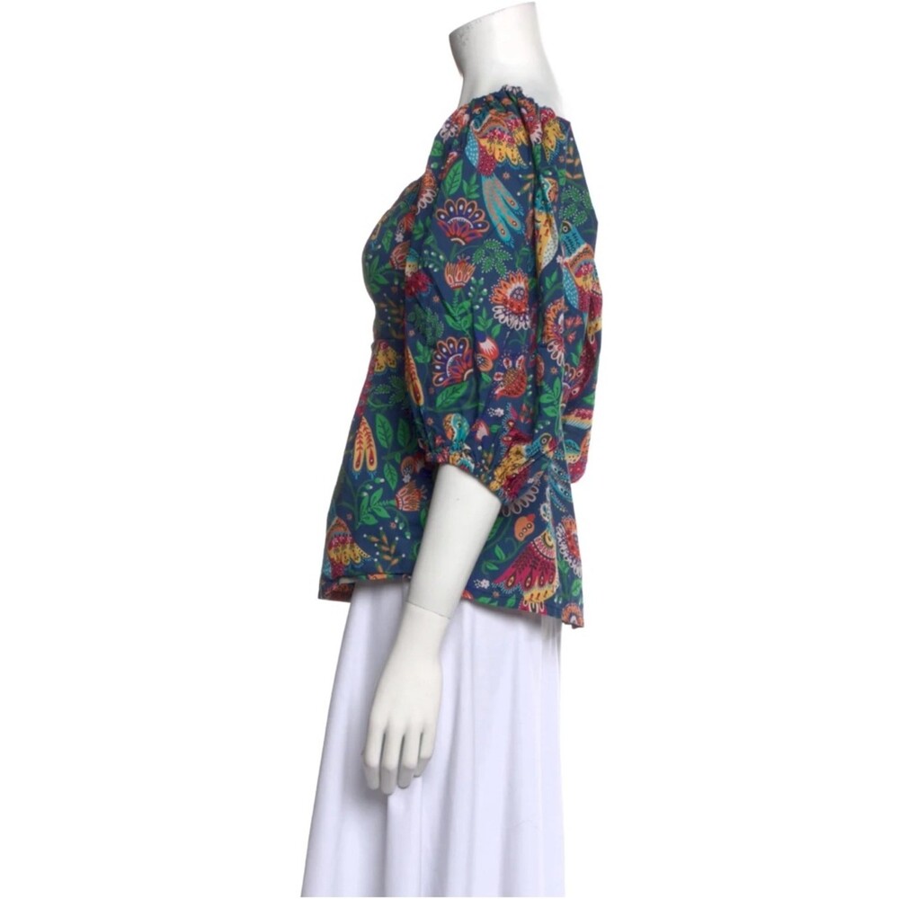 Farm Rio Bird Print Puff Sleeve Blouse 🌿 Teal Tropical Top Size S - Picture 3 of 4